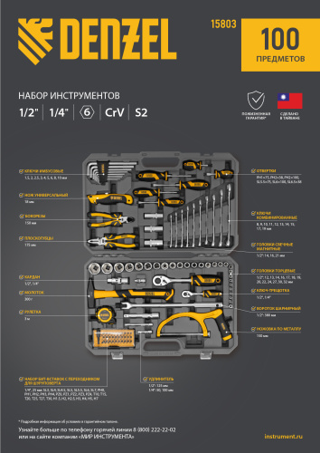 Набор инструментов, 1/2", 1/4", CrV, S2, пластиковый кейс, 100 предметов Denzel по ценам производителя в Казани с доставкой по всей России