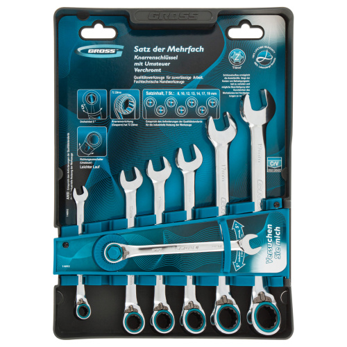 Набор ключей комбинированных с трещоткой, 8-19 мм, 7 шт, реверсивные, CrV Gross купить в Москве с доставкой по всей России | ProtosMarket.ru